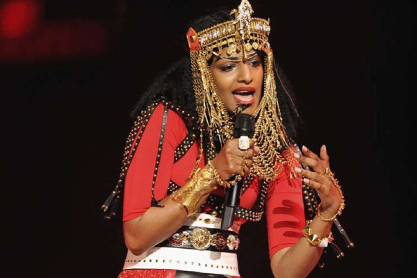 M.I.A. performs during the Super Bowl XLVI halftime show in Indianapolis.