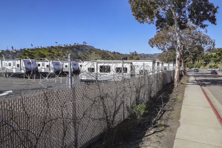San Diego, CA - January 27: These are the Coleman trailers along Morena Blvd. at the Rose Canyon Safe Parking site on Friday, Jan. 27, 2023 in San Diego, CA. (Eduardo Contreras / The San Diego Union-Tribune)