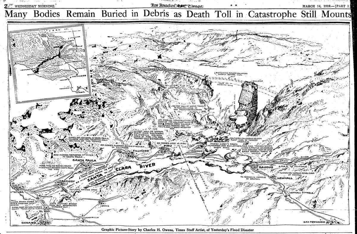 Artist's depiction of the St. Francis Dam collapse published in the March 14, 1928, Los Angeles Times.