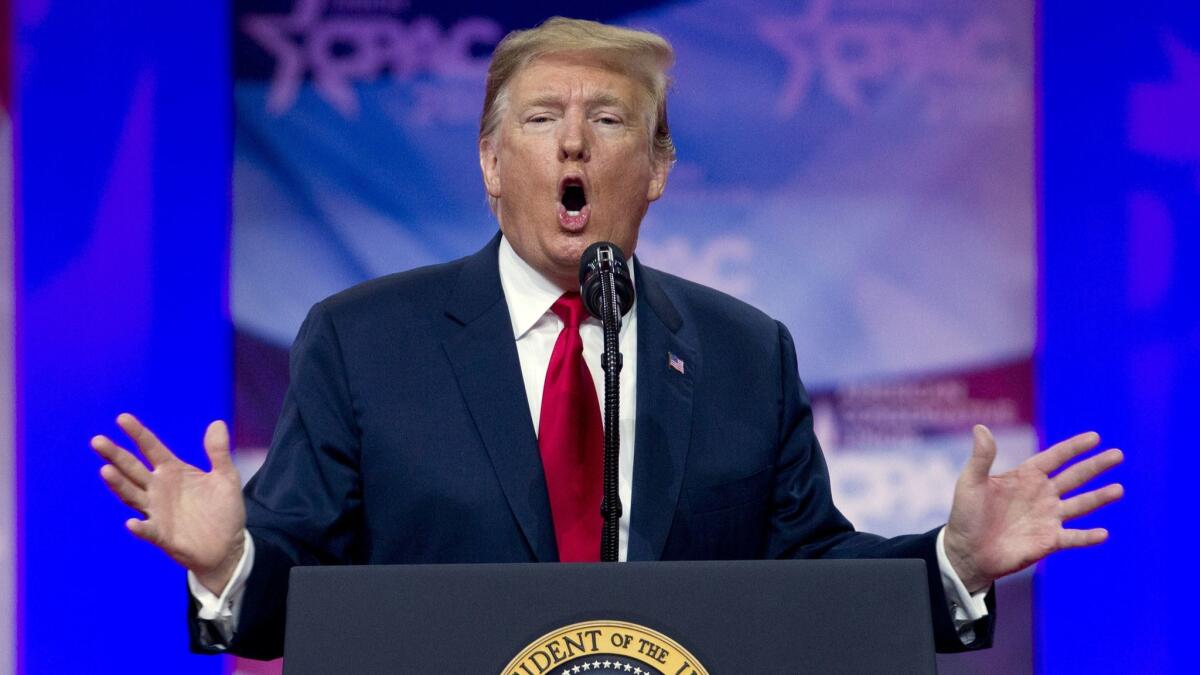 President Trump speaks at the Conservative Political Action Conference in Oxon Hill, Md., on March 2.