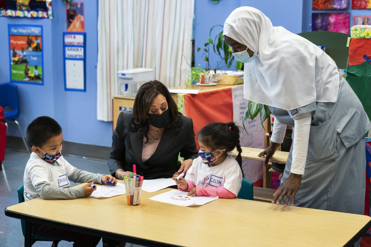 Vice President Kamala Harris talks with students