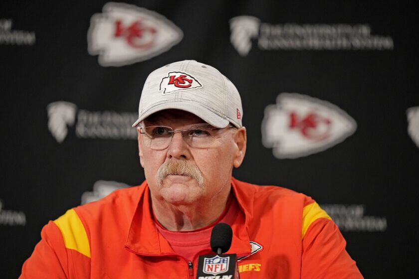 Kansas City Chiefs head coach Andy Reid talks to the media before an NFL football workout Thursday, Jan. 26, 2023, in Kansas City, Mo. The Chiefs are scheduled to play the Cincinnati Bengals Sunday in the AFC championship game. (AP Photo/Charlie Riedel)
