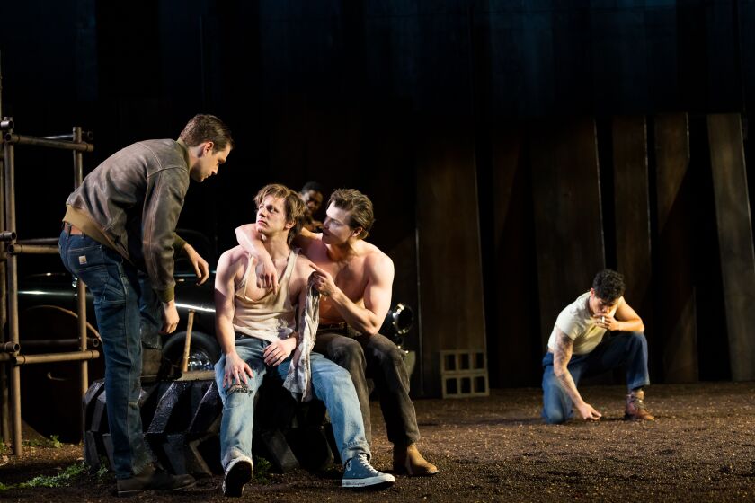 (L-R) Ryan Vasquez, Brody Grant, Jason Schmidt and Daryl Tofa in La Jolla Playhouse's world-premiere musical THE OUTSIDERS; photo by Rich Soublet II.