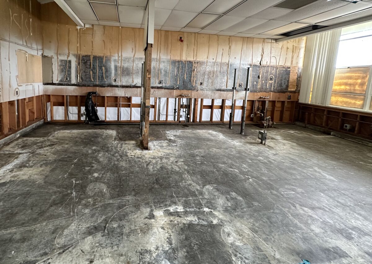 An empty water-damaged school room stripped down to plywood walls.