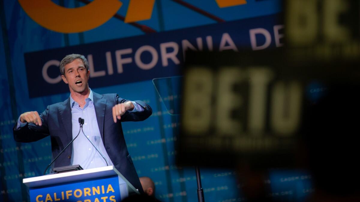 Presidential candidate and former U.S. Rep. Beto O'Rourke speaks at California Democratic Party Convention on Saturday in San Francisco.
