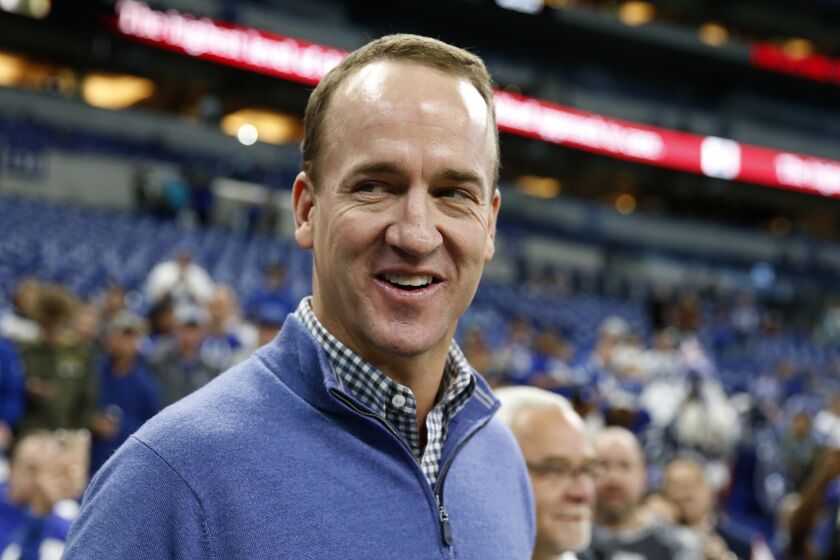 INDIANAPOLIS, INDIANA - NOVEMBER 10: Peyton Manning on the sidelines before the game between the Indianapolis Colts and Miami Dolphins at Lucas Oil Stadium on November 10, 2019 in Indianapolis, Indiana. (Photo by Justin Casterline/Getty Images)