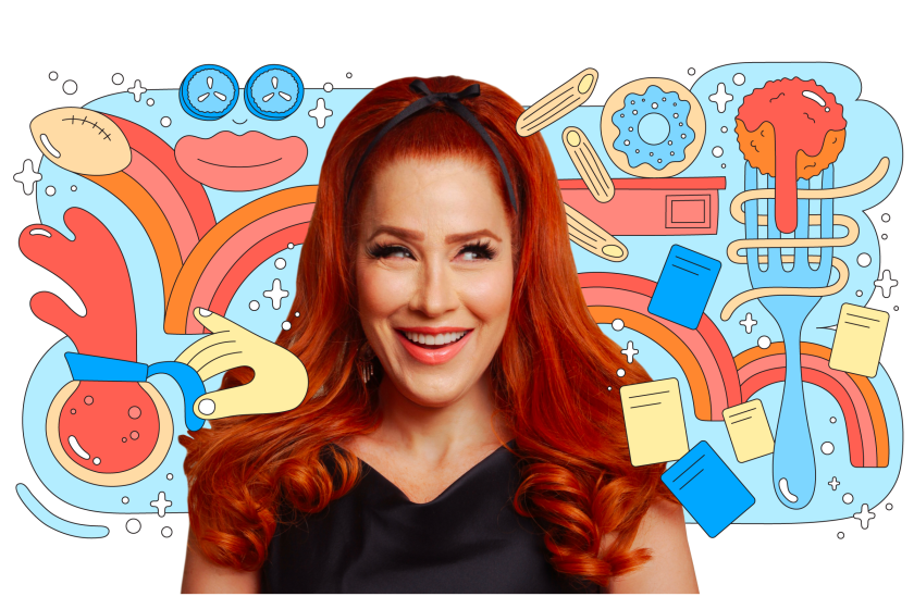 Photo cutout of red-haired comedian Lisa Ann Walter surrounded by many illustrations like coffee, cards, pasta and a football