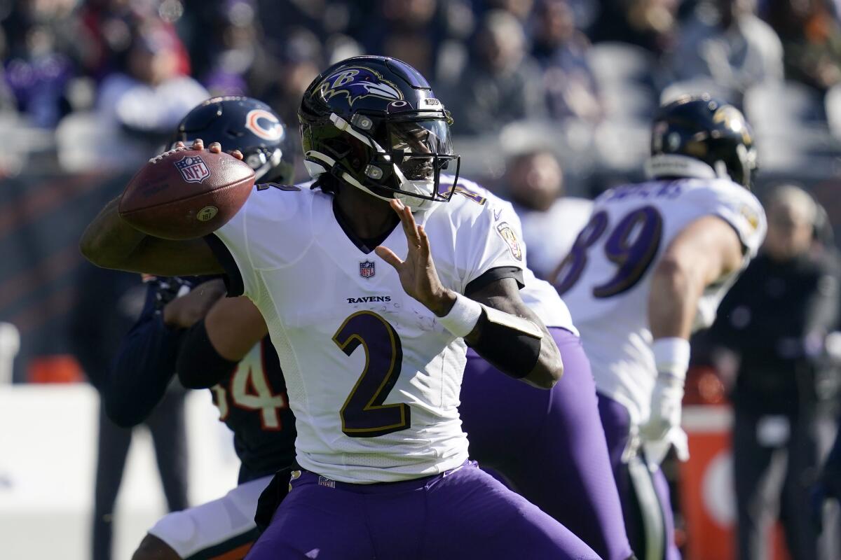 Baltimore Ravens quarterback Tyler Huntley passes against the Chicago Bears.