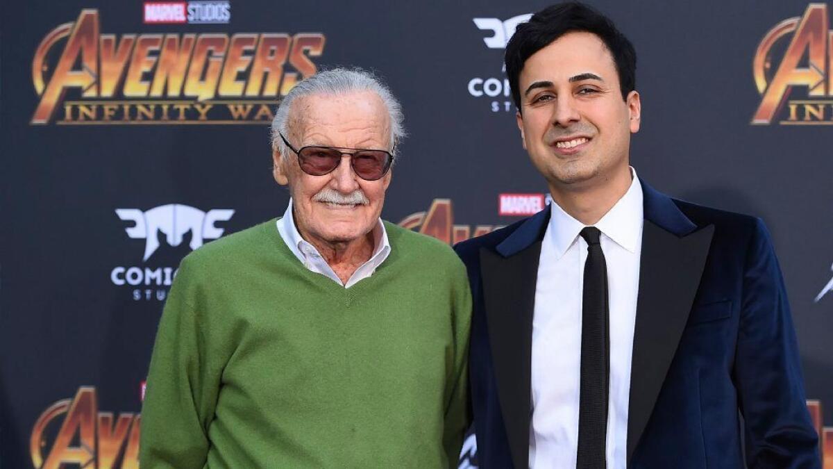 Stan Lee, left, and Keya Morgan arrive at the world premiere of "Avengers: Infinity War" in Los Angeles.