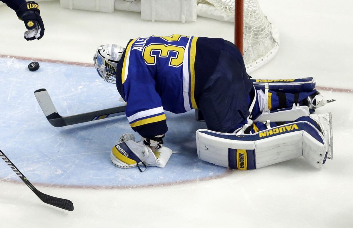 St. Louis Blues goalie Jake Allen is slow to get up after giving up a goal to Washington Capitals' T.J. Oshie during the second period on Jan. 19.