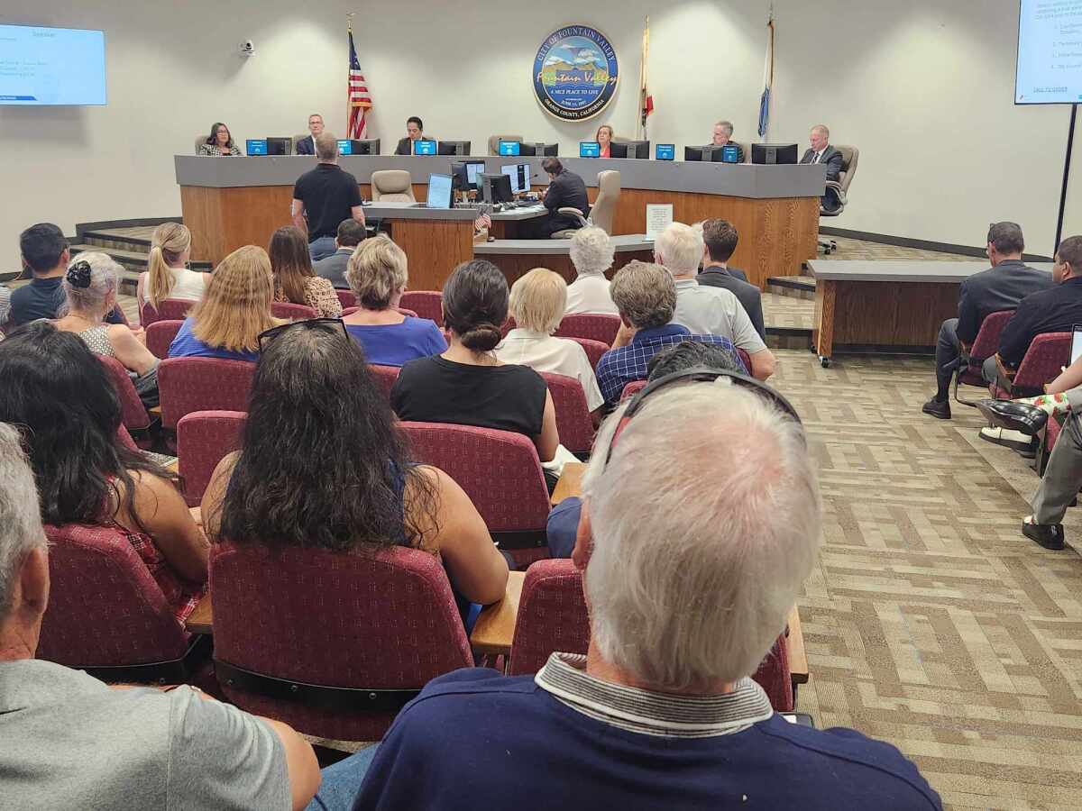 Residents listen to a discussion on the future of city-owned property just south of Fountain Valley City Hall on Tuesday.