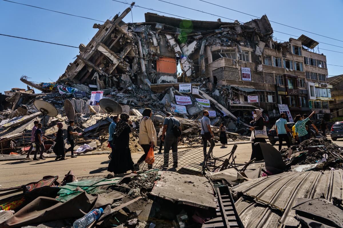 A building lies in ruins in Gaza City.  