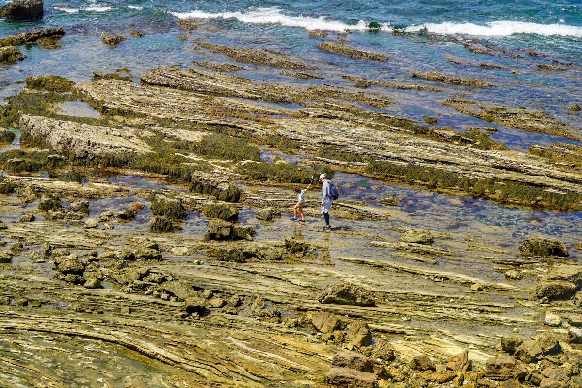 Two people explore the tide pools among tan terraced rocks at Crystal Cove.