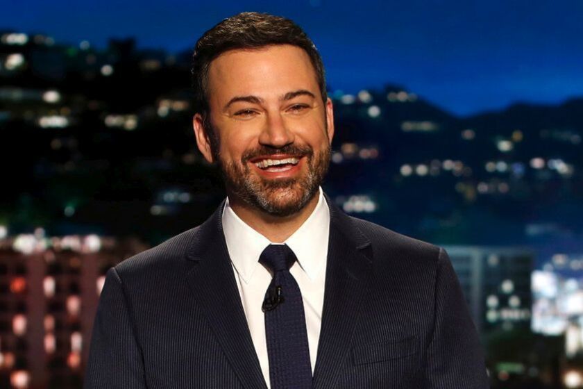 In this April 11, 2017 photo, host Jimmy Kimmel appears during a taping of "Jimmy Kimmel Live," in Los Angeles. Kimmel says his newborn son is home and doing great after open-heart surgery. A tearful Kimmel turned his show's monologue Monday, May 1, into an emotional recounting of the crisis with what Kimmel called a "happy ending." (Randy Holmes/ABC via AP)