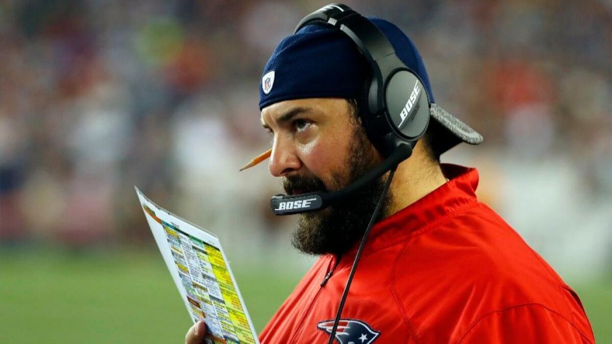 Patriots defensive coordinator Matt Patricia is seen during an exhibition game against the Saints on Aug. 11.