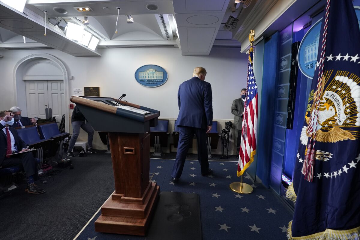 President Donald Trump walks away after speaking at the White House, Thursday, Nov. 5, 2020, in Washington. (AP Photo/Evan Vucci)