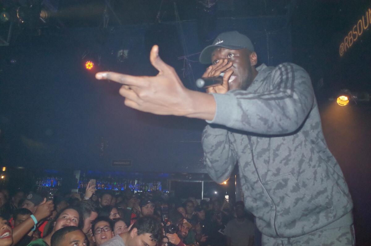 Stormzy near the beginning of his set. (Dexter Thomas / Los Angeles Times)