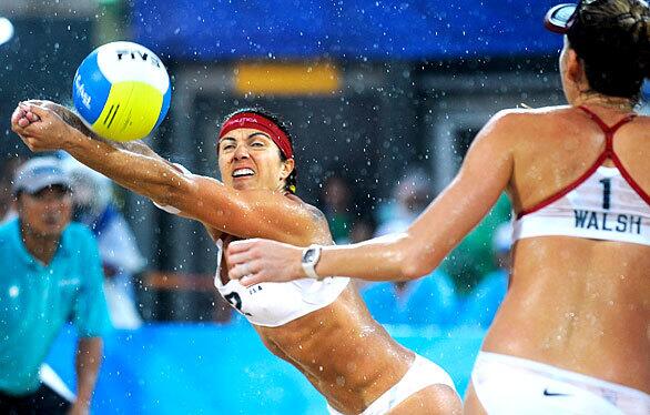 USA's Misty May-Treanor returns a shot against China in the gold medal match at the 2008 Beijing Olympics.