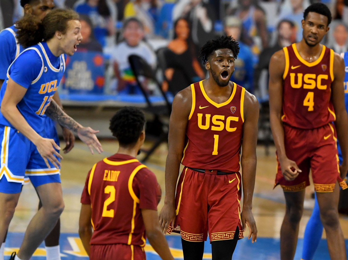 USC's Chevez Goodwin (1) reacts after making a basket in the second half against UCLA on March 6, 2021.