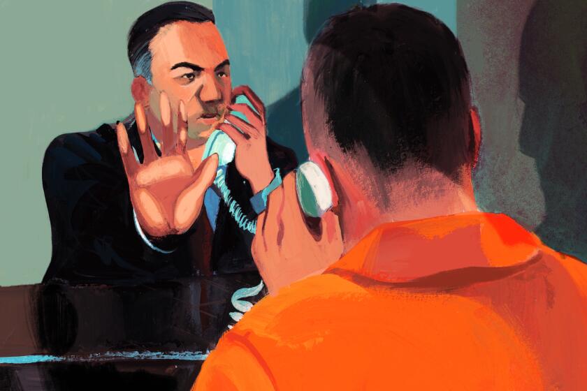 An illustration of a lawyer with his palm to a glass window as he speaks to his client in prison.