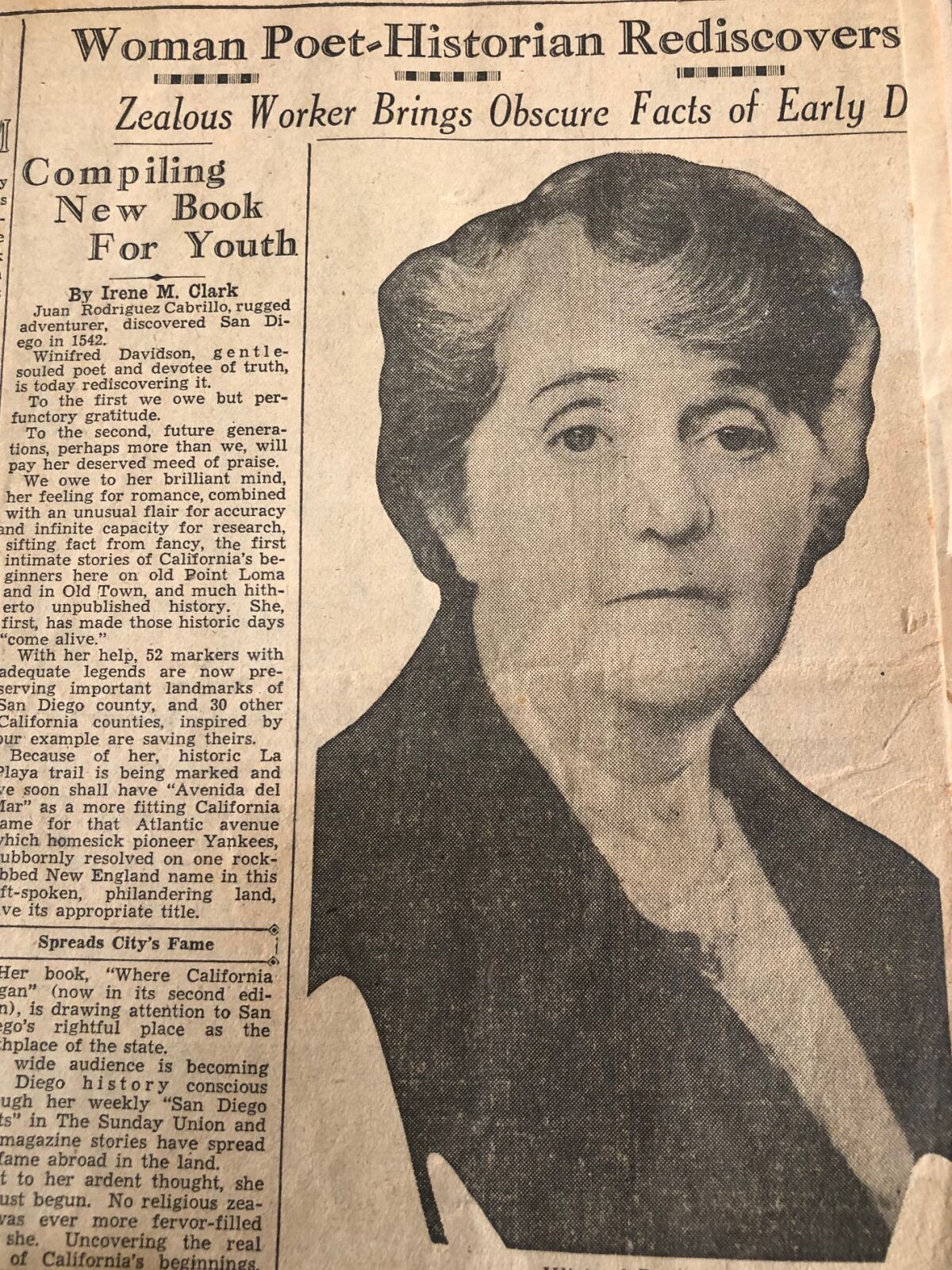 Local historian Winifred Davidson was the subject of a San Diego Union article on Oct. 6, 1933.