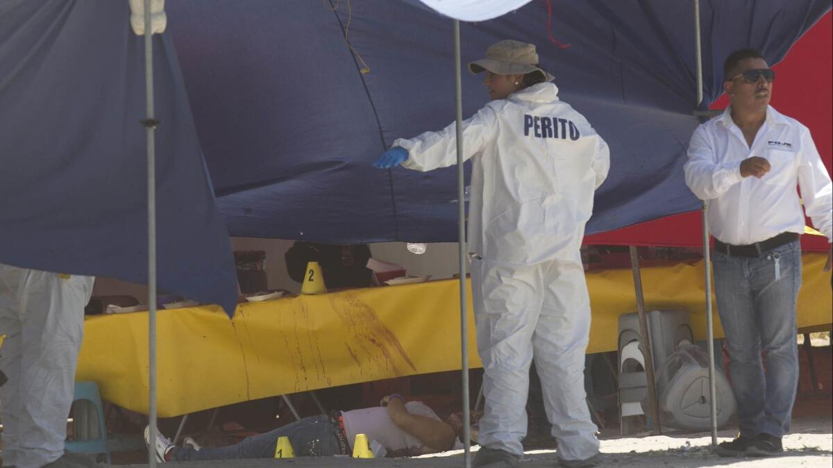 Baja California State Police homicide investigators gather evidence at the scene where a woman was killed in the Valle Verde 1st section in August 2017. The medical examiner's office in Tijuana is being overwhelmed with bodies.