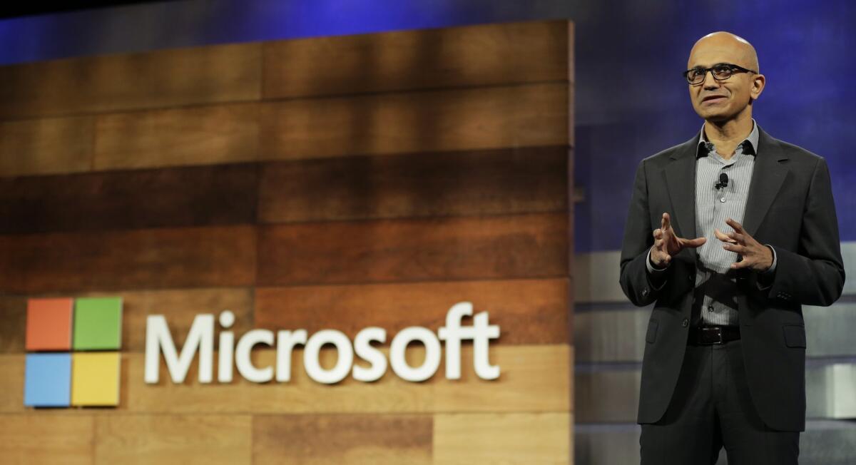 Microsoft Chief Executive Satya Nadella speaks at a shareholders meeting in Bellevue, Wash.