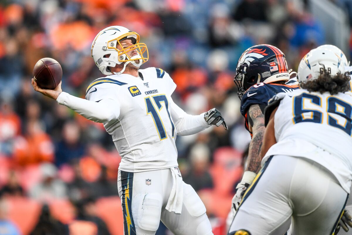 Chargers quarterback Philip Rivers in Sunday's game against the Broncos in Denver.