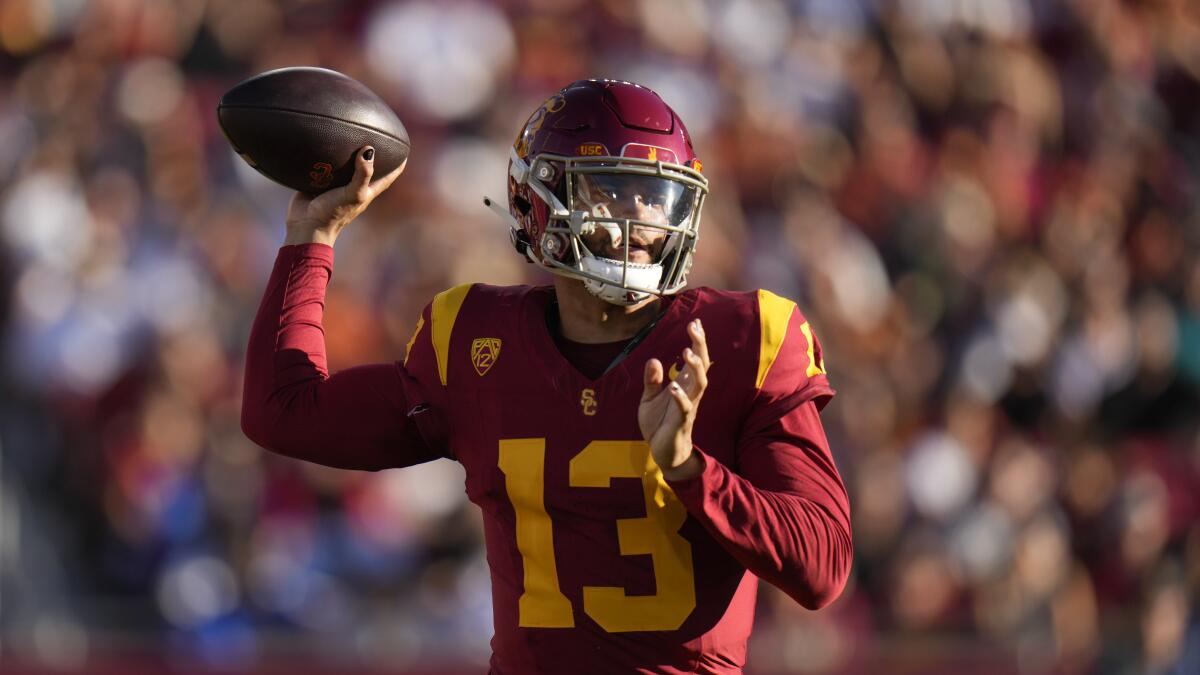 USC quarterback Caleb Williams throws a pass during the Trojans' season-opening win on Aug. 26.