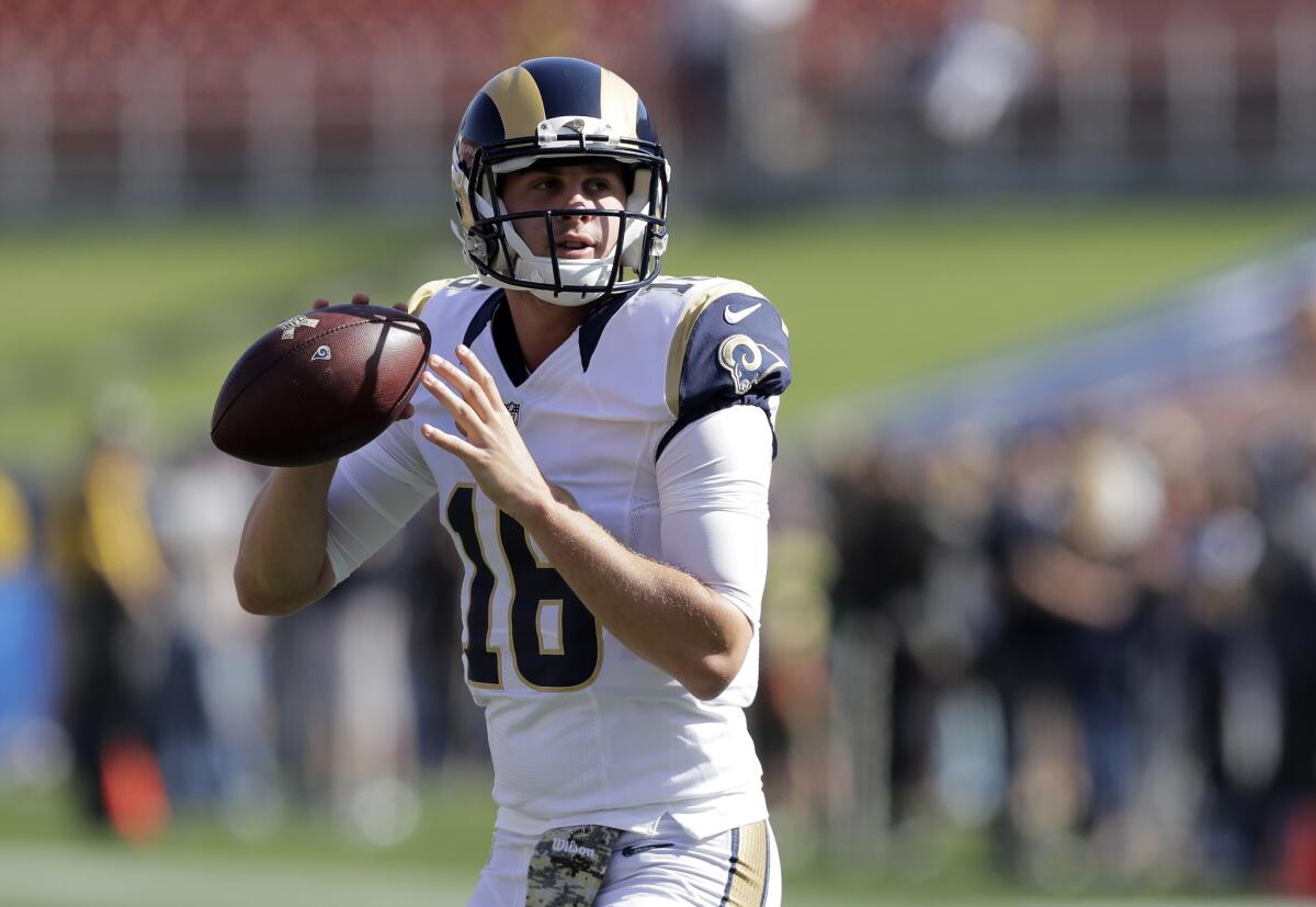 Jared Goff will make his first start for the Rams Sunday at the Coliseum.
