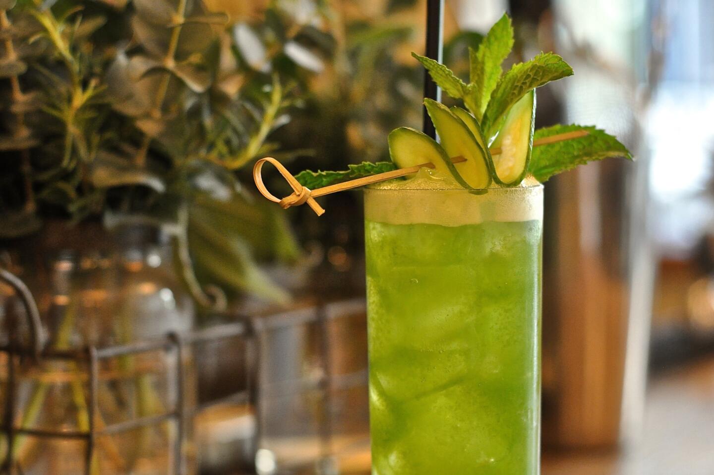 The Mock Green Goddess cocktail from AOC is made with green tea and cucumber. Read the recipe.