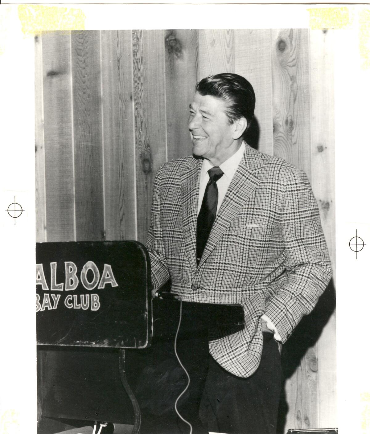 Former President Ronald Reagan speaks at the Balboa Bay Club in this undated photo.