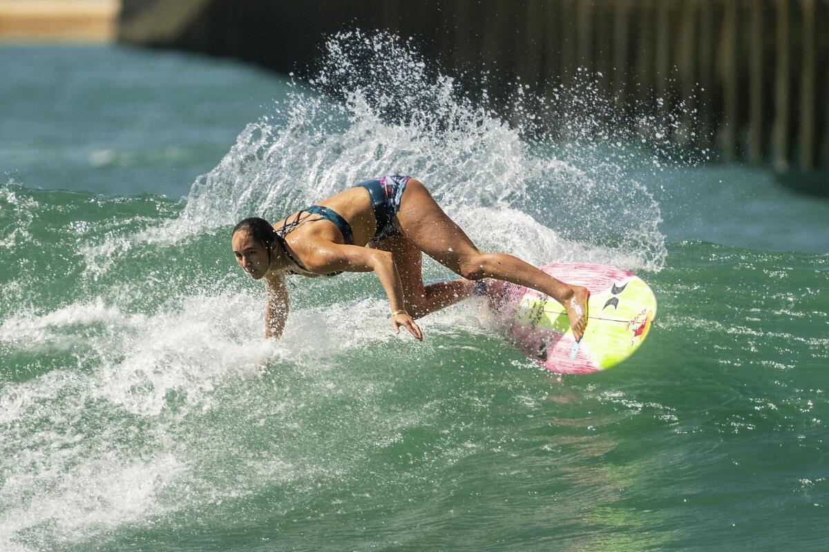 American Carissa Moore competes during a surfing world tour event.