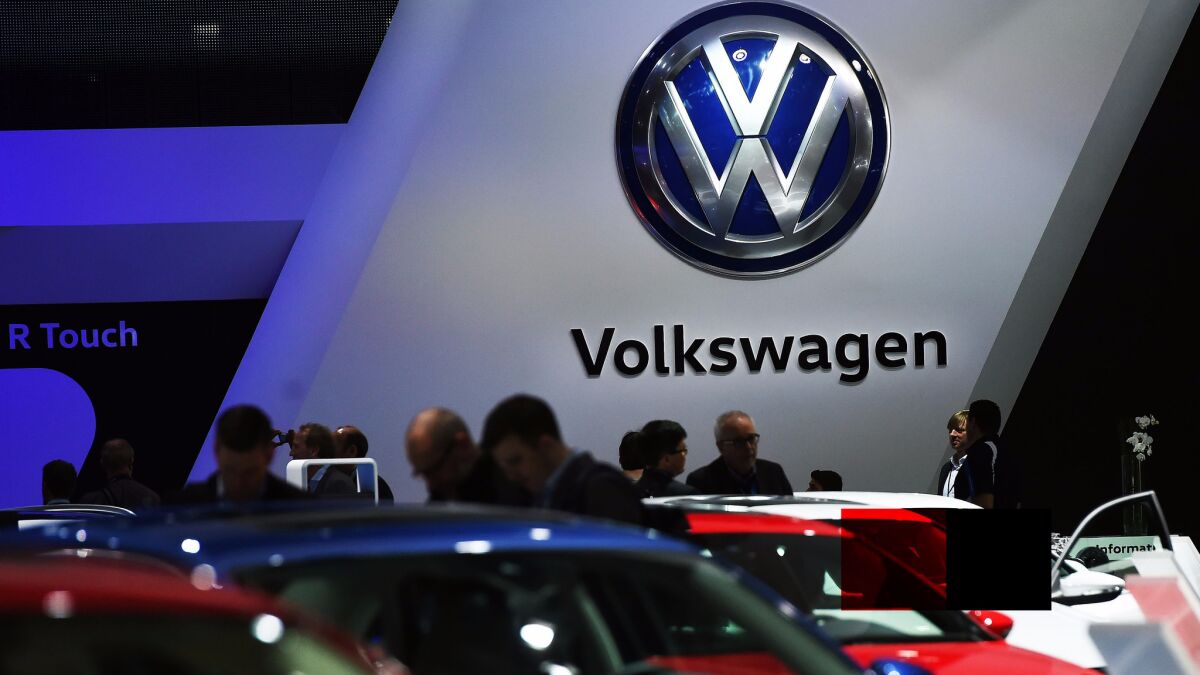 This file photo taken on January 11, 2016 shows the Volkswagen booth during the press preview of the 2016 North American International Auto Show in Detroit, Michigan.