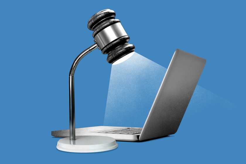 Photo-illustration of a desk lamp with a gavel as its head, looking down at a laptop computer.