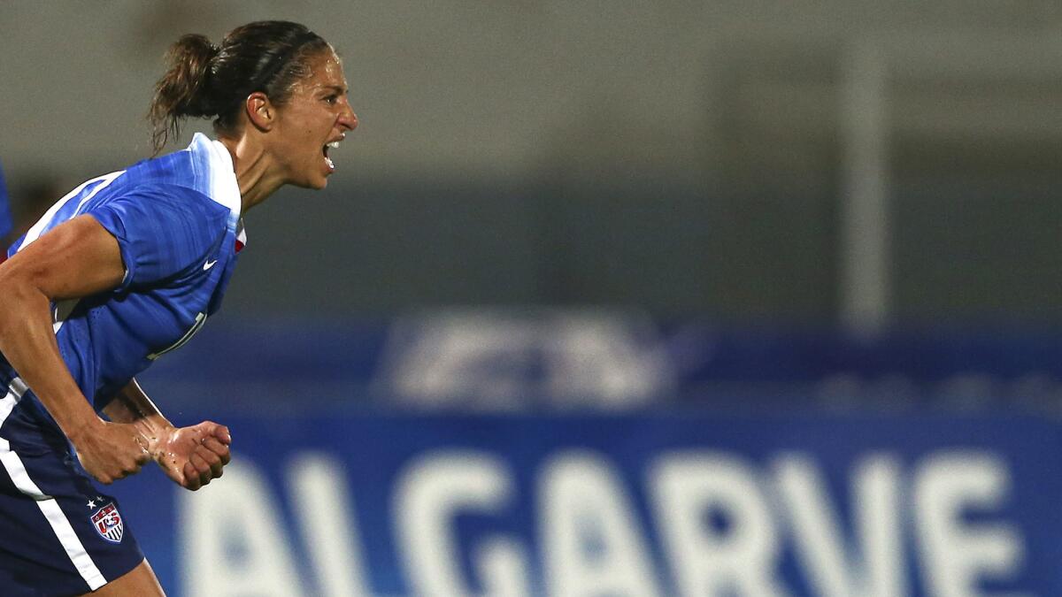 U.S. midfielder Carli Lloyd celebrates a goal against Norway in the Algarve Cup on March 4, 2015.