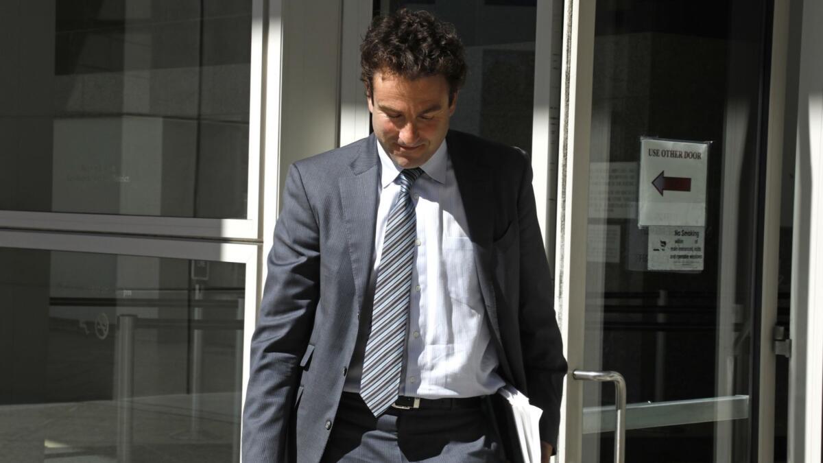 Justin Gimelstob leaves a Los Angeles County courthouse on March 13, 2019. Gimelstob is charged in connection with a Halloween attack on a former friend.