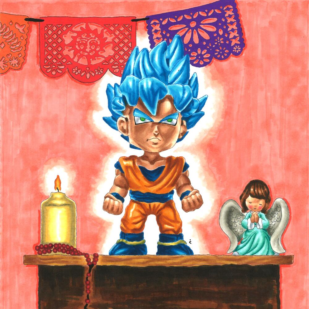 drawing of goku on a shelf with an angel and candle 