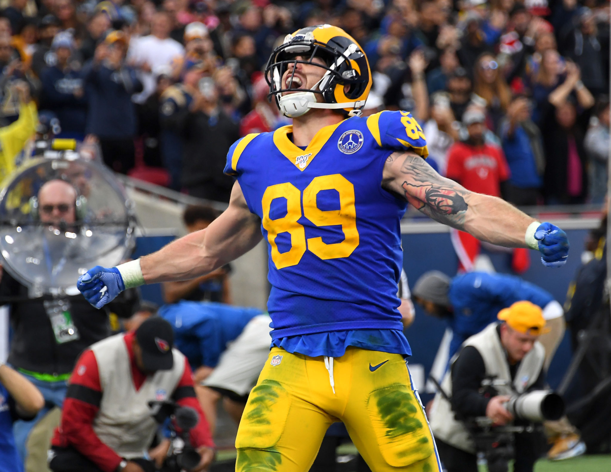 Rams tight end Tyler Higbee celebrates after catching a touchdown pass.