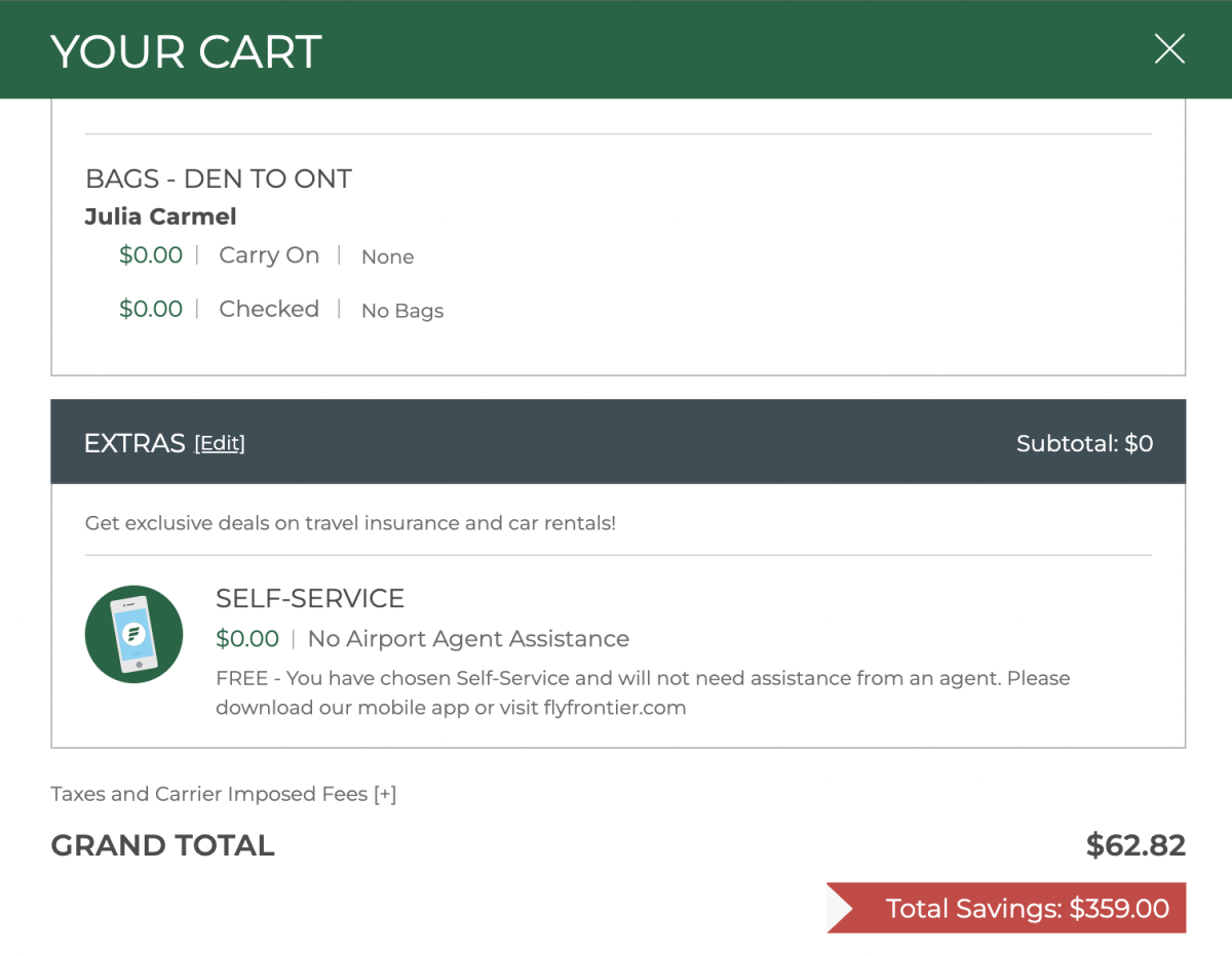 A screenshot of the checkout screen on the Frontier website.
