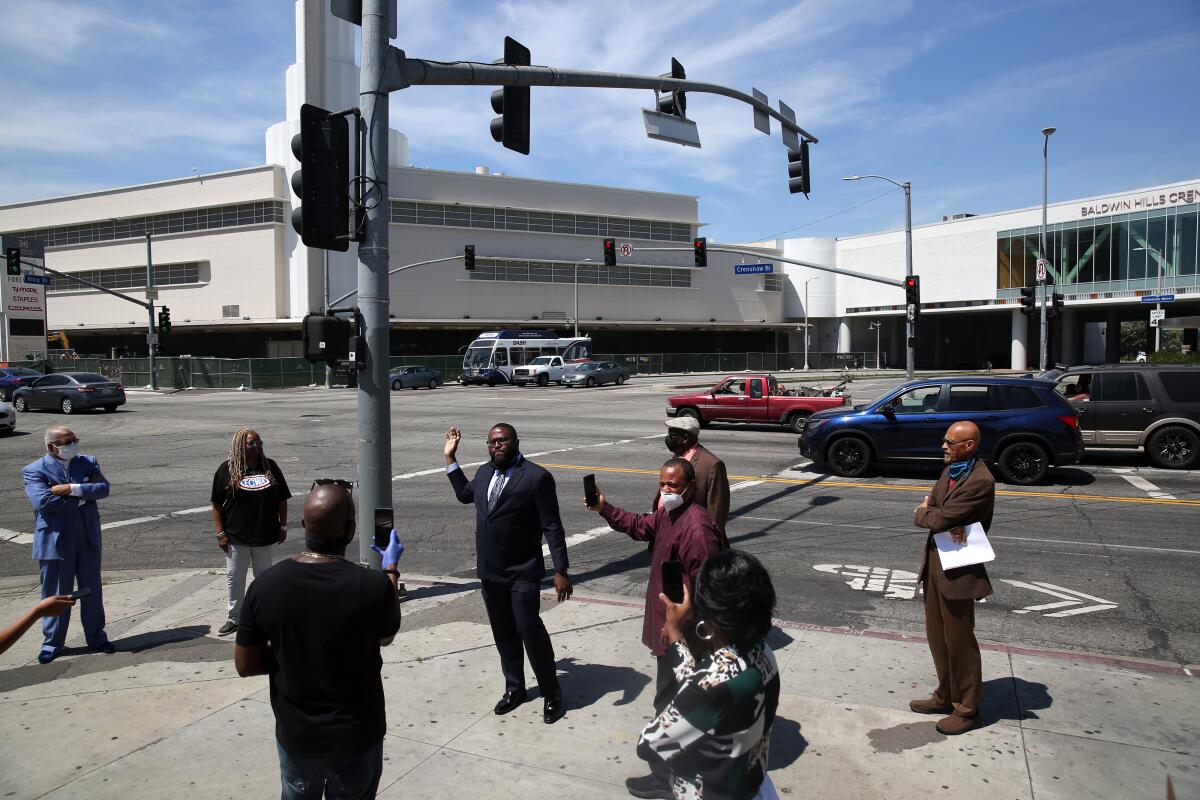 Community leaders speak out against the sale of Baldwin Hills Crenshaw Plaza to a large developer in Los Angeles. 