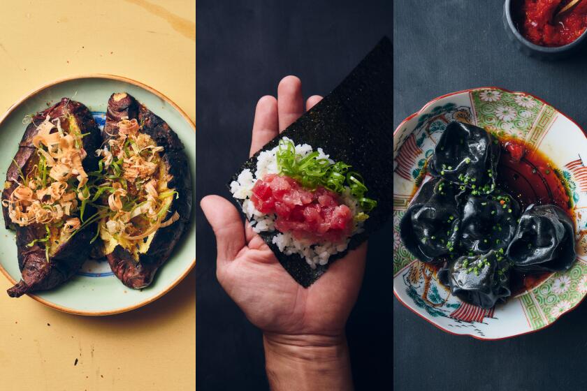 Charred sweet potato with miso butter and katsuobushi, A chopped-tuna and negi hand roll at RVR Venice, and Boiled shrimp dumplings at RVR in Venice.