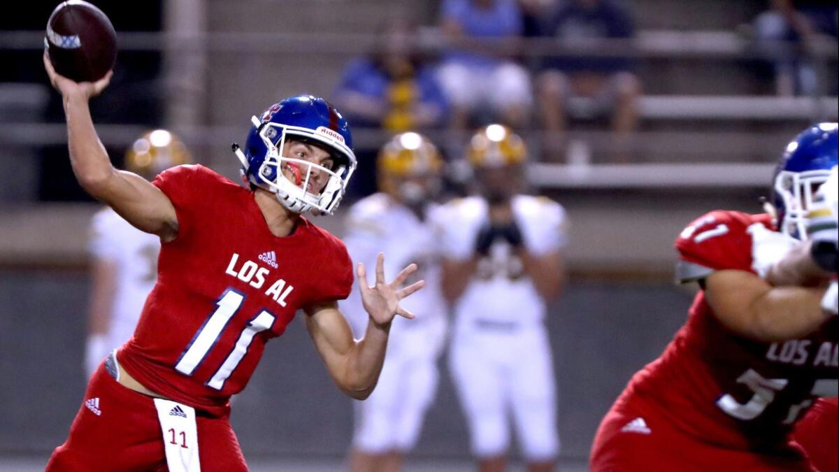 Los Alamitos High junior quarterback Cade McConnell, shown throwing a pass against Edison on Oct. 26, leads the Griffins into Friday's CIF Southern Section Division 2 quarterfinal game at Sherman Oaks Notre Dame.