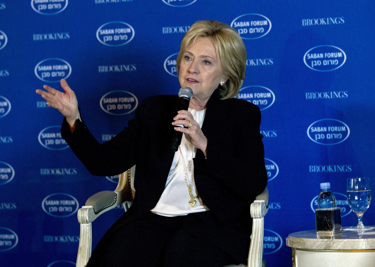 Democratic presidential candidate Hillary Clinton speaks at Saban Forum 2015 in Washington, D.C., on Sunday.