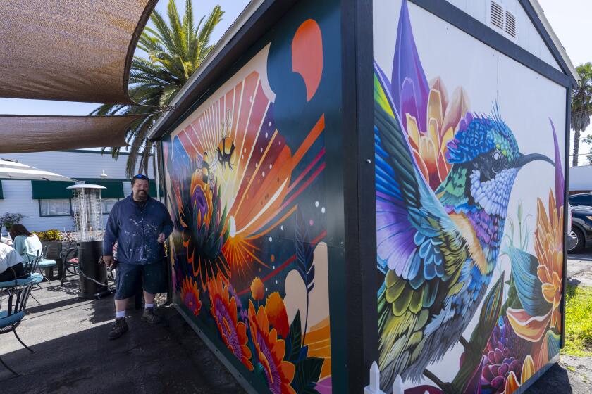 Ramona artist Johnathan Martinez painted a hummingbird on one wall and bees on another wall of a shed at Main Street Coffee.
