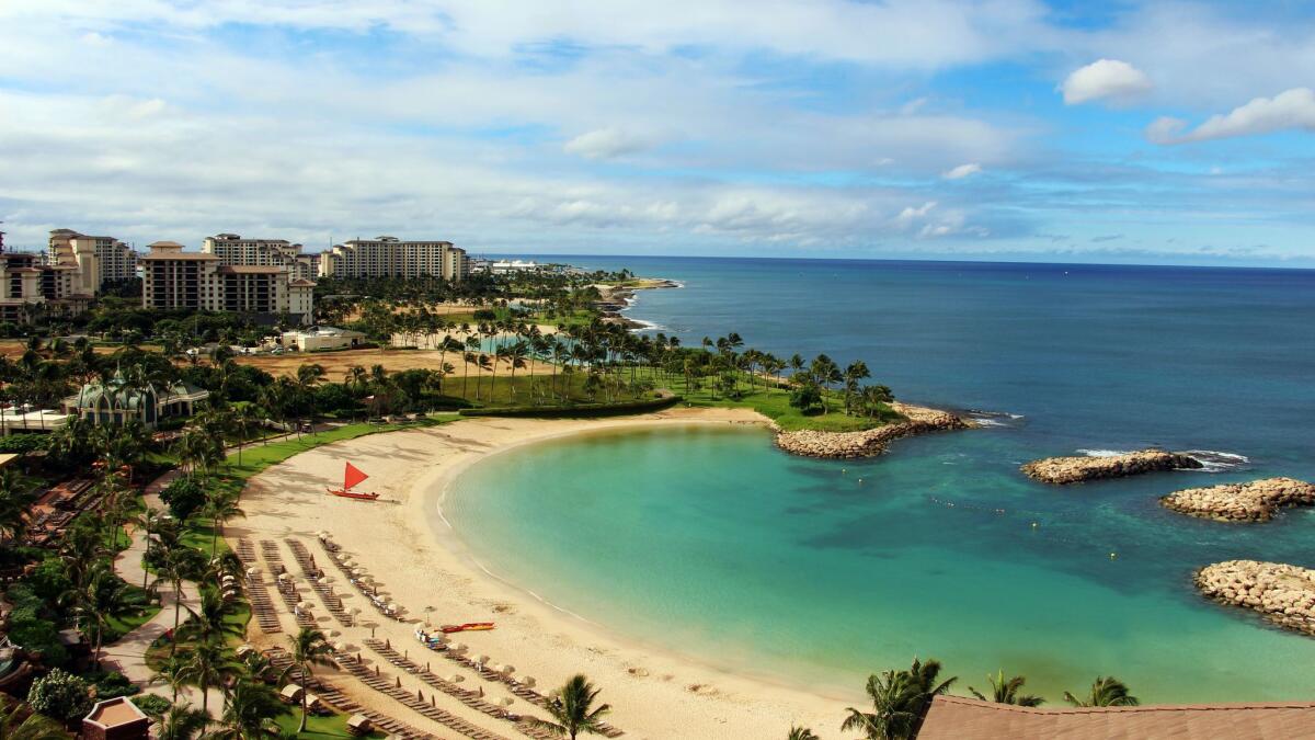 View of Ko Olina beach and the Kohola lagoon from the hotel room, Oahu, Hawaii.