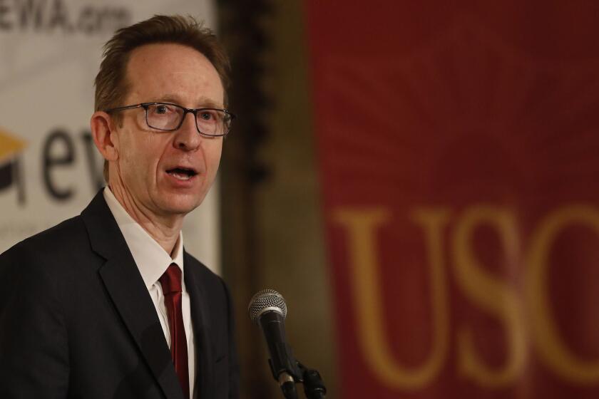 LOS ANGELES, CA-MAY 16, 2018: USC Provost Dr. Michael Quick, who oversees the Keck School of Medicine, speaks to gathering at the Education Writers Association National Seminar held inside the Town and Gown Ballroom located on the campus. (Mel Melcon/Los Angeles Times)