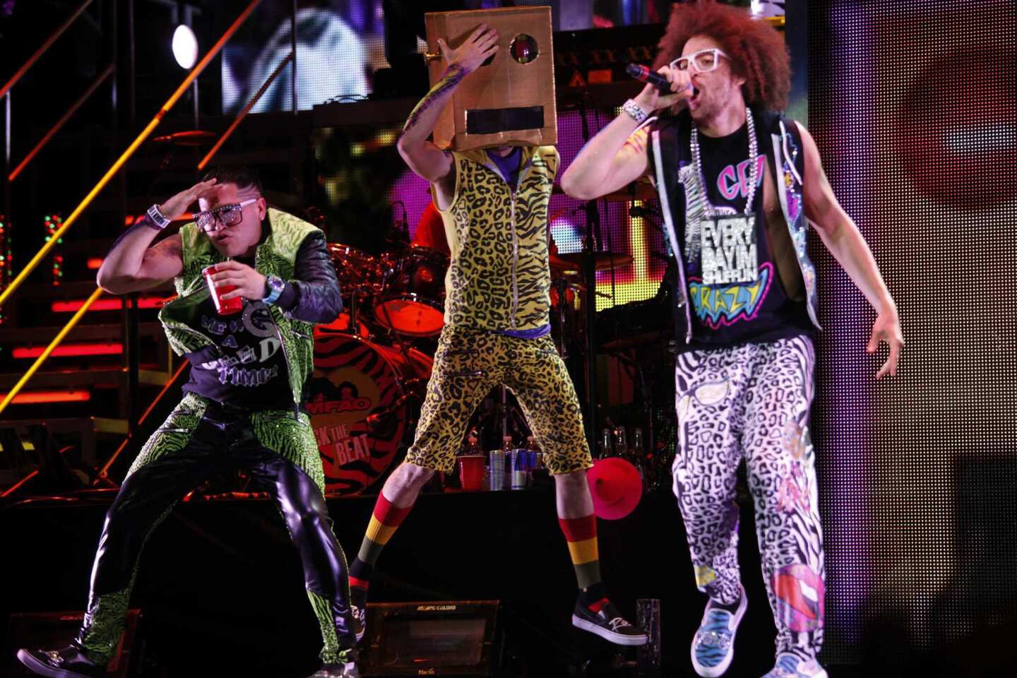 Sky Blu, left, and Redfoo perform at Staples for LMFAO's Sorry for Party Rocking Tour.