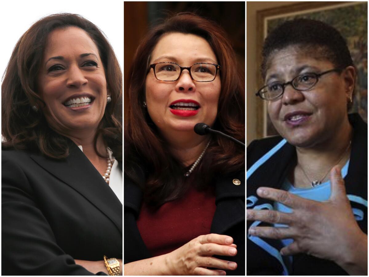 Sens. Kamala Harris, from left, Tammy Duckworth and Rep. Karen Bass are being considered for the vice presidential pick.