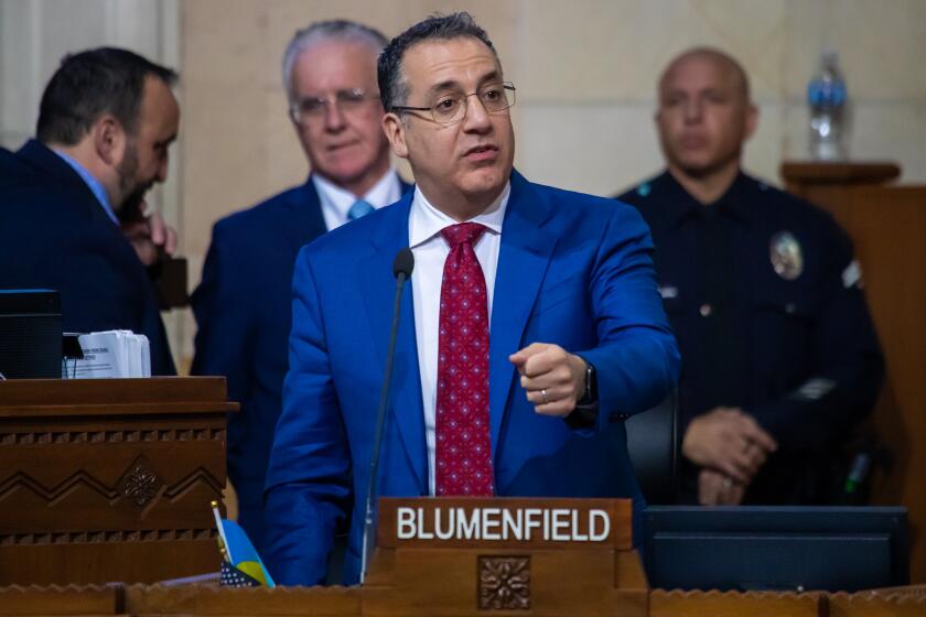 Los Angeles , CA - January 18: Bob Blumenfield, Councilmember district 3, at council meeting that approved a Homelessness Emergency Fund of approximately $50 million to help implement Mayor Karen Bass' Inside Safe program, held at Council Chambers in City Hall on Wednesday, Jan. 18, 2023 in Los Angeles , CA. (Irfan Khan / Los Angeles Times)